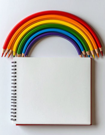 An arch of vibrant colored pencils forms a perfect rainbow over a blank sketchbook, inviting artists and creators to fill the empty pages with their imagination.の素材