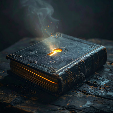 In a forgotten chamber, an ancient tome of magic rests on a weathered table.の素材