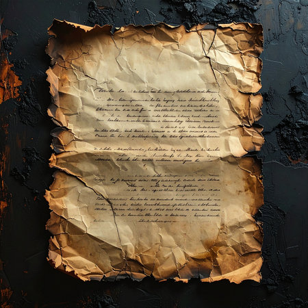 A fragile, ancient manuscript with scorched edges rests on a dark, textured surface.の素材