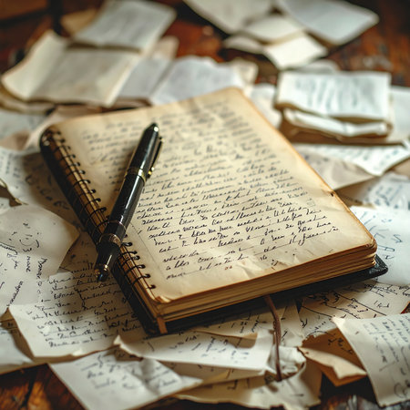 An old journal lies open, its pages filled with handwritten stories and memories from a bygone era.の素材