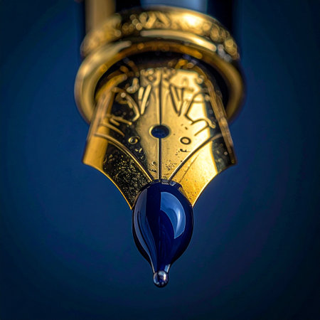 A moment of anticipation captured in a macro view. A classic gold fountain pen nib holds a perfect, deep blue drop of ink, ready to touch paper and transform thoughts into elegant, lasting words.の素材