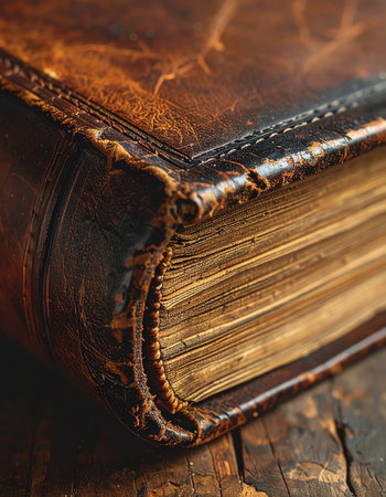 A close-up view of a weathered, leather-bound book resting on a rustic wooden surface.の素材