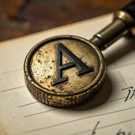 A weathered brass seal bearing the initial 'A' rests upon a handwritten manuscript, its aged patina telling a story of history, legacy, and forgotten correspondence.の素材