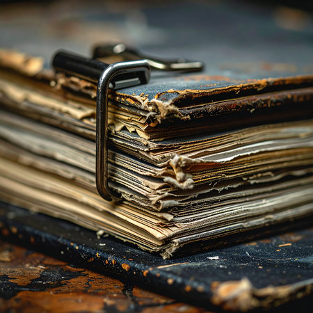 A metal clasp tightly secures a stack of weathered, yellowed documents from a bygone era.の素材