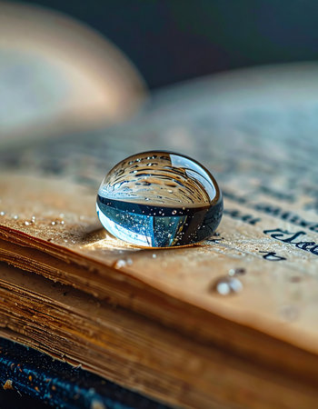 A single, perfect sphere of water rests on the aged page of a vintage book.の素材