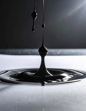 A high-speed macro photograph captures the elegant moment a drop of viscous black liquid impacts a still surface.の素材