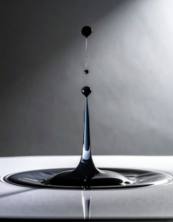 A single drop of black liquid makes a precise impact, captured in a moment of elegant transformation.の素材