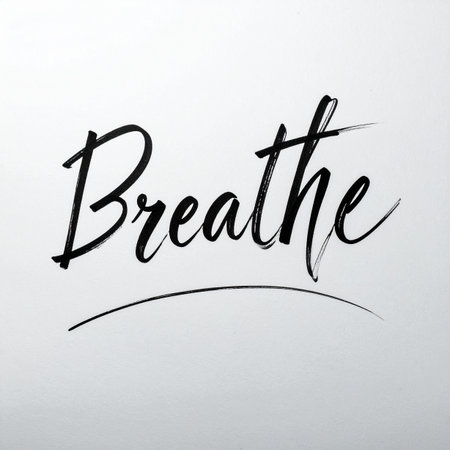 A simple yet powerful reminder in elegant, flowing script. The word 'Breathe' serves as a gentle prompt to pause, find calm in the chaos, and reconnect with the present moment.の素材