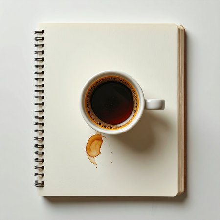 A top-down view captures the quiet start to a creative day.の素材