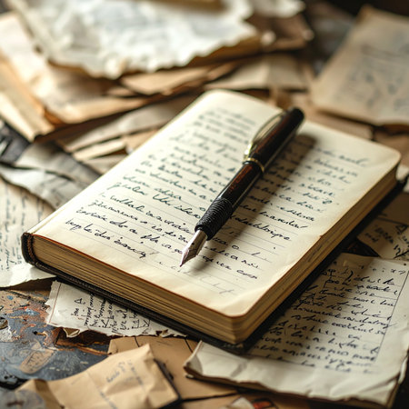 A classic fountain pen rests upon the open pages of a handwritten diary, surrounded by scattered letters from a bygone era.の素材