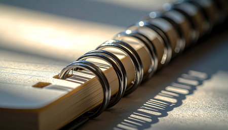 A close-up view of a spiral notebook's binding catches the warm, golden light of the morning sun.の素材