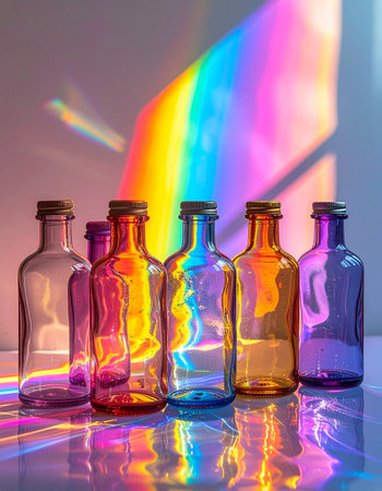 A beautiful still life scene where a spectrum of vibrant rainbow light refracts through a row of clear glass bottles.の素材