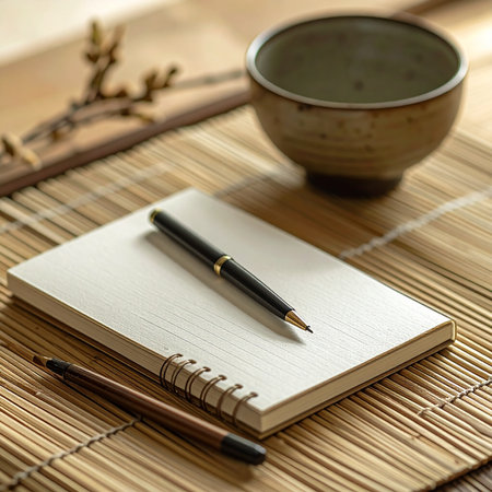 A quiet moment of reflection begins. A blank notebook and pen rest on a bamboo mat, ready to capture new ideas, plans, or daily thoughts.の素材