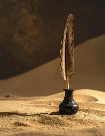 In the vast, silent expanse of a desert, a solitary quill pen stands ready in its inkwell.の素材