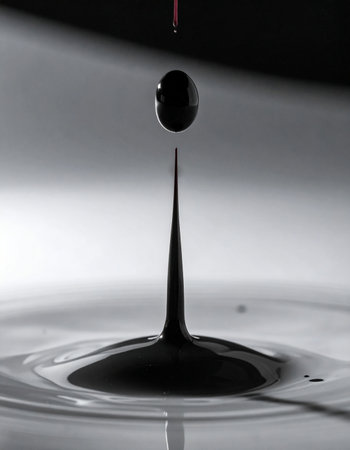 In a moment of perfect stillness, a single black droplet hangs suspended in time.の素材