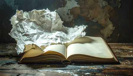 In a dimly lit, rustic setting, an antique book lies open, its blank pages a silent challenge.の素材