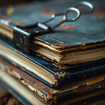 A stack of weathered, antique journals, bound by time and a simple metal clip, holds forgotten stories and ancient wisdom.の素材