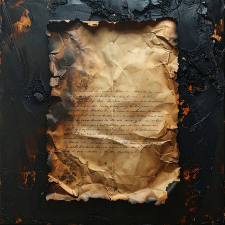 A forgotten letter, its edges scorched and blackened by fire, rests on a dark, textured surface. The aged, crumpled parchment holds a secret message, its words now a mystery lost to time.の素材