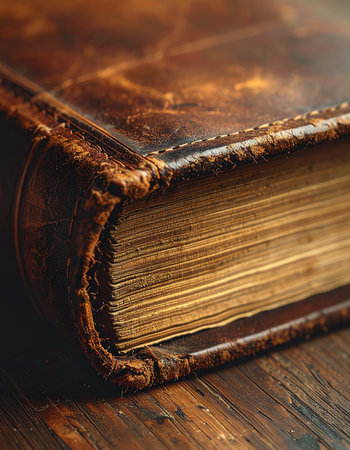 A close-up view of a weathered, leather-bound book resting on a dark wooden table.の素材