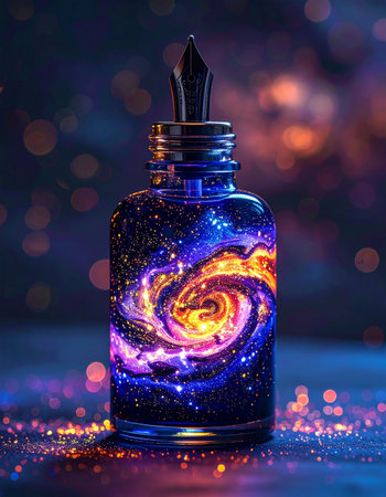 A vintage ink bottle captures the boundless wonder of the cosmos. Inside, a vibrant galaxy swirls with the light of a thousand stars, waiting to pour forth onto the page.の素材
