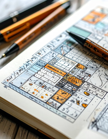 An architect or designer meticulously sketches out a new concept.の素材