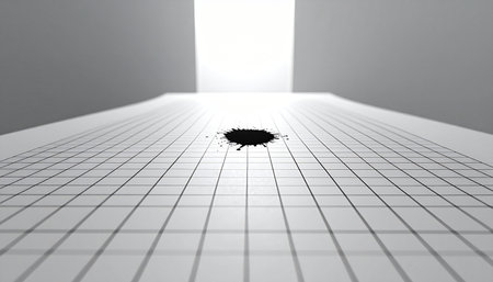 A low-angle view of a minimalist digital grid representing spacetime, which is warped and distorted by a central singularity.の素材