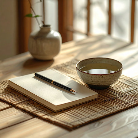 A tranquil scene set for reflection and creativity. A blank notebook and pen await inspiration next to a warm bowl of tea on a bamboo mat, bathed in soft morning light.の素材