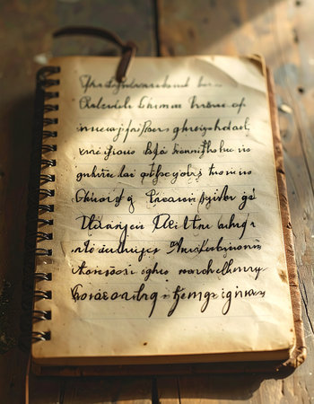 An old, spiral-bound journal rests on a rustic wooden surface, its yellowed pages filled with elegant, faded cursive script.の素材