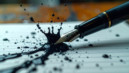 A moment of intense pressure or a slip of the hand results in a dramatic black ink splatter across a lined page.の素材
