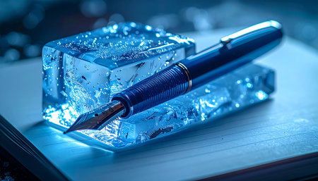 A classic fountain pen, a tool of timeless expression, rests upon a block of ice glowing with a cool, futuristic light.の素材