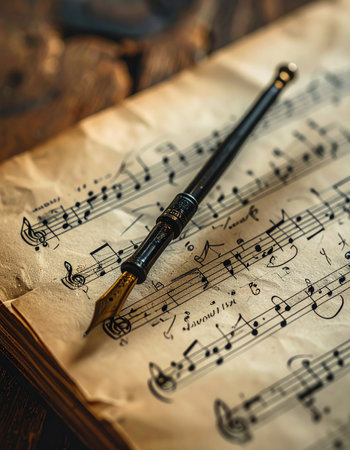 In the quiet glow of a study, a vintage fountain pen rests upon a weathered musical score, its nib still holding the promise of a timeless melody.の素材
