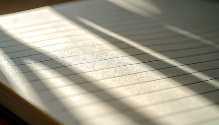 An empty journal page is illuminated by gentle morning light, creating a beautiful pattern of light and shadow.の素材