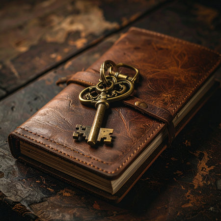 An ornate antique key rests upon a weathered leather-bound journal, holding the promise of untold stories and forgotten secrets.の素材