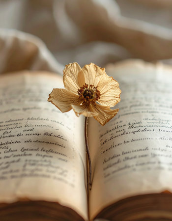 A delicate dried flower rests between the pages of a vintage, handwritten manuscript, preserving a forgotten memory.の素材