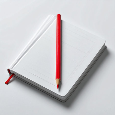 A clean white notebook lies ready, a single red pencil resting on its cover.の素材