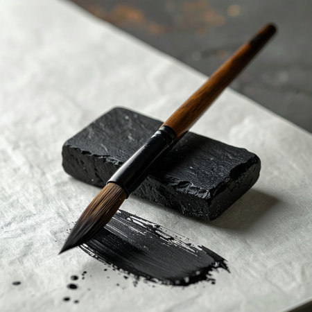 A moment of quiet focus captured in a still life. A traditional calligraphy brush, saturated with rich black ink, rests upon a solid inkstone.の素材