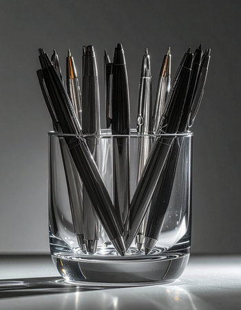 A collection of sleek black pens stands ready in a clear glass holder, their polished surfaces catching the dramatic light.の素材