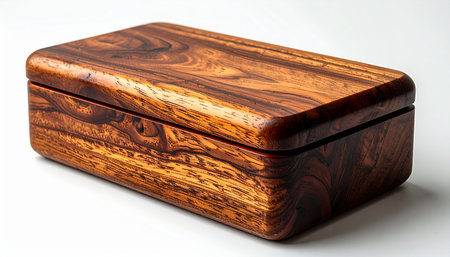 A beautifully crafted wooden box, polished to a high sheen, rests on a clean white surface.の素材