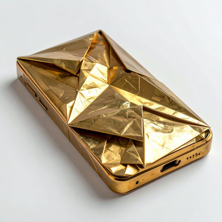 A modern smartphone is encased in a shell of crumpled, golden origami, blending high-tech communication with abstract art.の素材