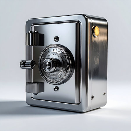 A classic, robust steel safe gleams under studio lights against a clean background.の素材