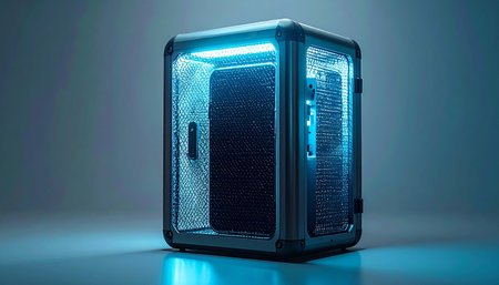 A high-performance gaming rig glows with a cool blue neon light, its powerful internal components visible through a transparent case.の素材