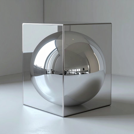 A perfectly polished chrome sphere is flawlessly contained within a mirrored cube, creating an infinite play of reflections.の素材
