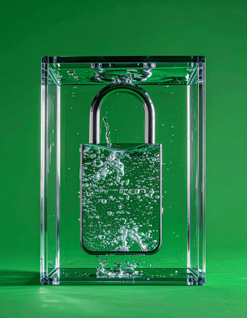 A powerful visual metaphor showing a padlock, a symbol of security, submerged in a bubbling liquid within a transparent block.の素材