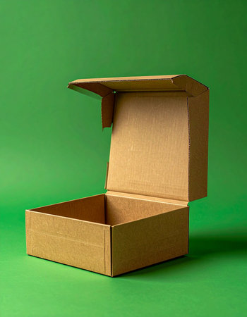 An empty cardboard box sits open against a solid green background, symbolizing shipping, delivery, and e-commerce.の素材