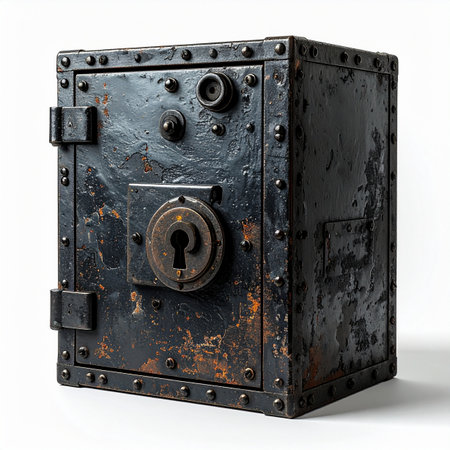 An old, weathered steel safe, covered in rust and rivets, stands as a silent guardian of forgotten secrets.の素材