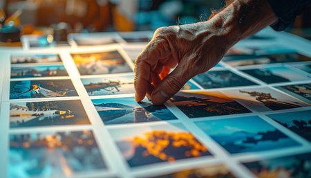 An experienced photo editor carefully reviews a contact sheet, their hand hovering over a vast collection of memories and moments.の素材
