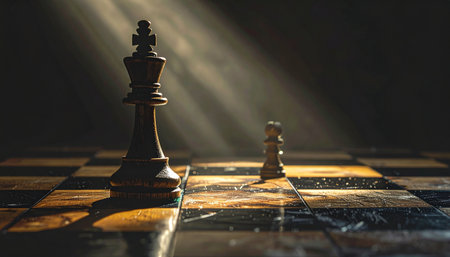 In a dramatic showdown illuminated by a single shaft of light, a lone king stands tall, facing its final challengerの素材