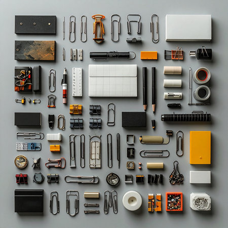 A top-down view of a perfectly arranged collection of office supplies. Each item, from paper clips to batteries, is placed with meticulous care, creating a visual symphony of order and preparedness.の素材