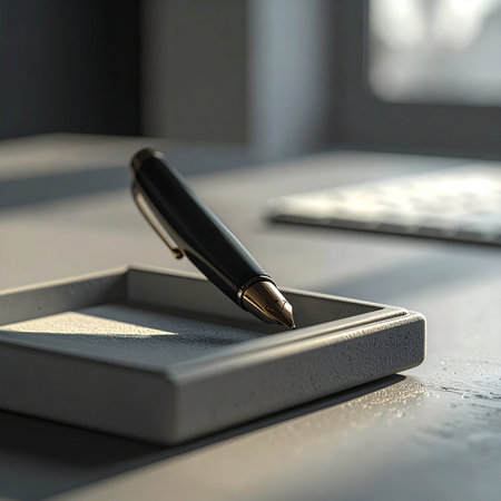 An elegant executive pen rests in a minimalist tray, bathed in the warm glow of late afternoon sunlight. The long shadows suggest a quiet moment of contemplation before a significant decision is made.の素材