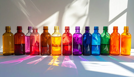 A vibrant collection of colorful glass bottles stands in a neat row, illuminated by bright sunlight.の素材